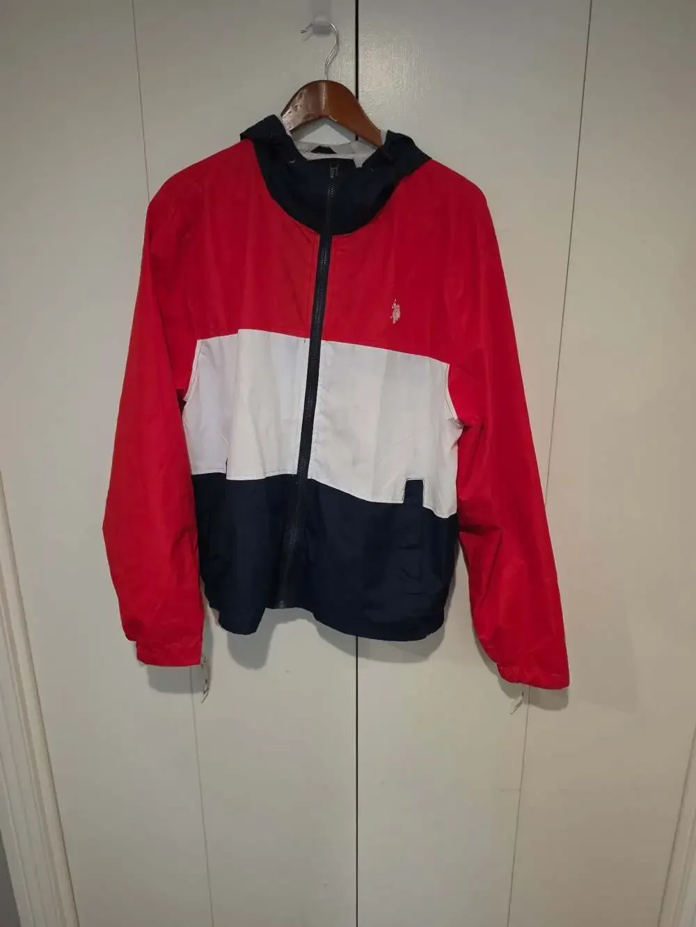 U.S. Polo Assn. Men's Tri-Color Red White and Blue Full Zip Hooded Windbreaker J